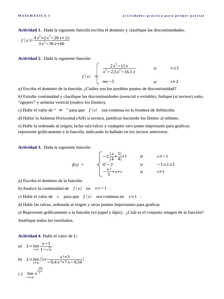 Actividades de Matemáticas para Primer Parcial | PDF | Función ...