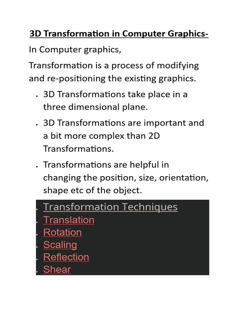 3D Transformations in Computer Graphics | PDF | Cartesian Coordinate ...