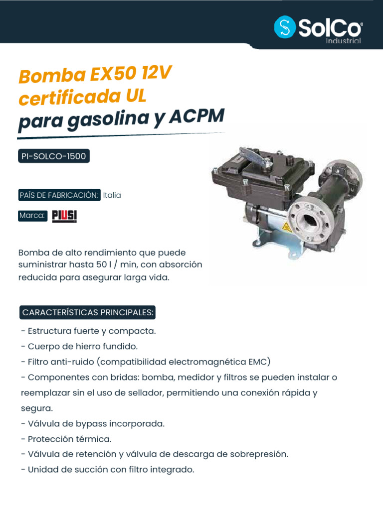 Ficha Tecnica PIUSI Bomba EX50 A 12V | PDF