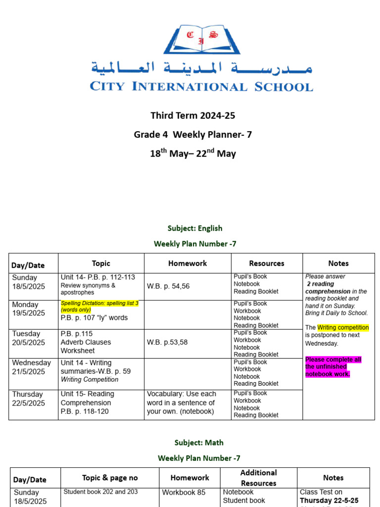 Grade 4 Weekly Planner: May 2025 | PDF | Linguistics