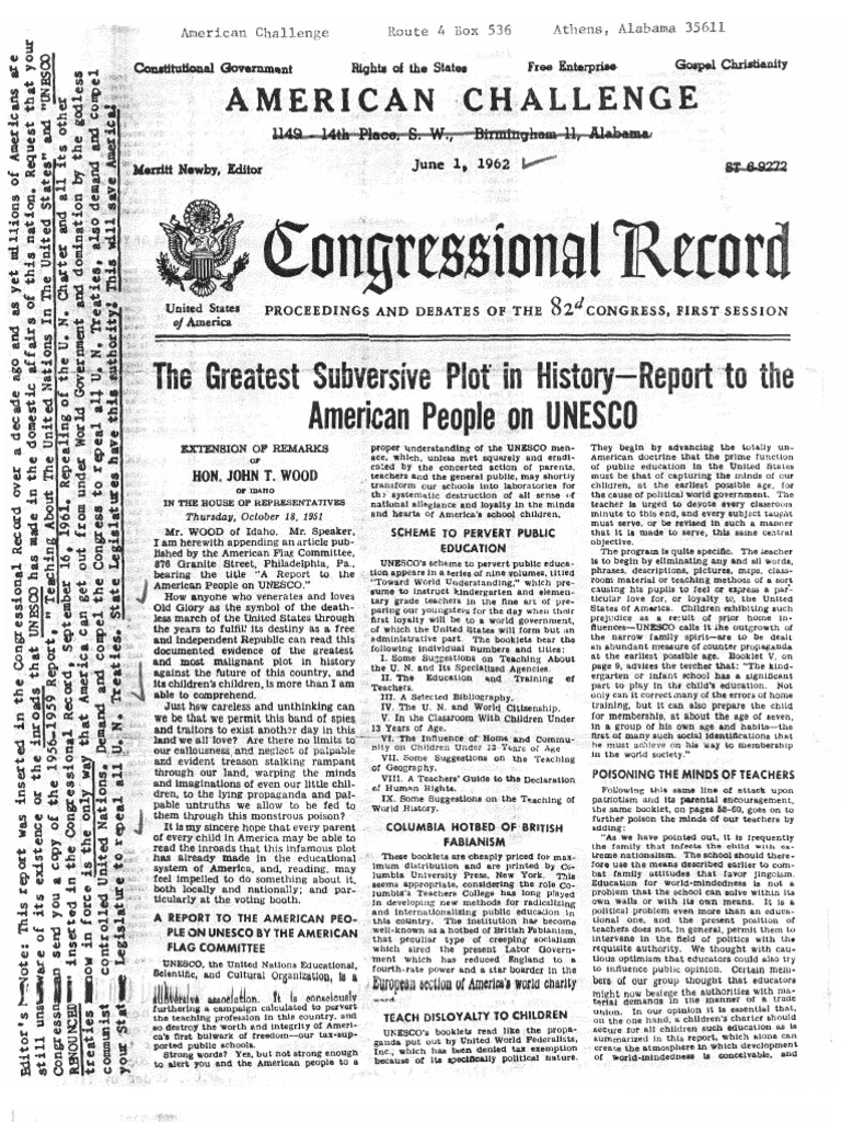 Greatest Subversive Plot UNESCO Cong Record JT Wood 1962 2pgs GOV POL | PDF