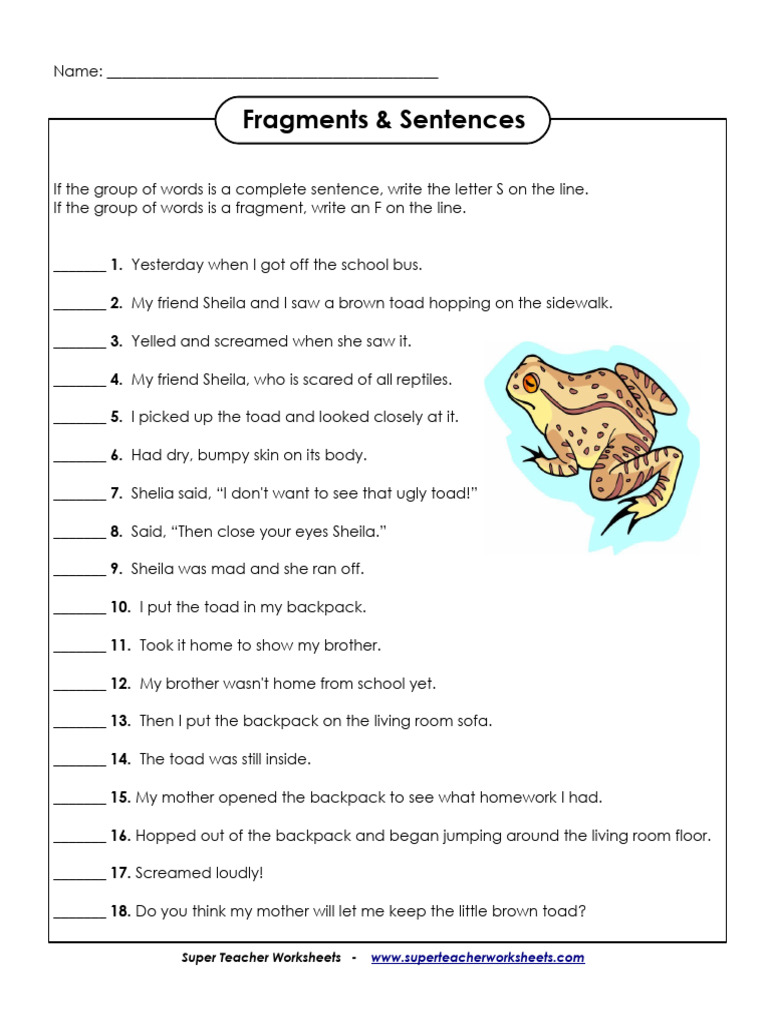 Fragments and Complete Sentences Worksheet | PDF