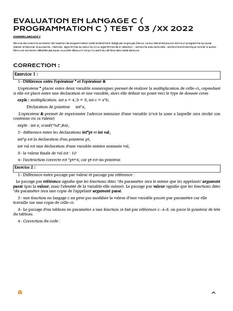 Correction Test Programmation C | PDF | Pointeur (programmation) | C ...
