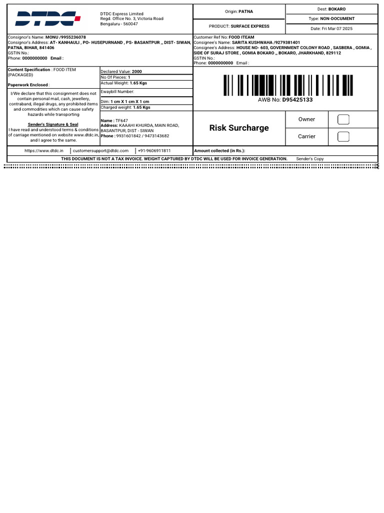 DTDC Surface Express Shipment Details | PDF
