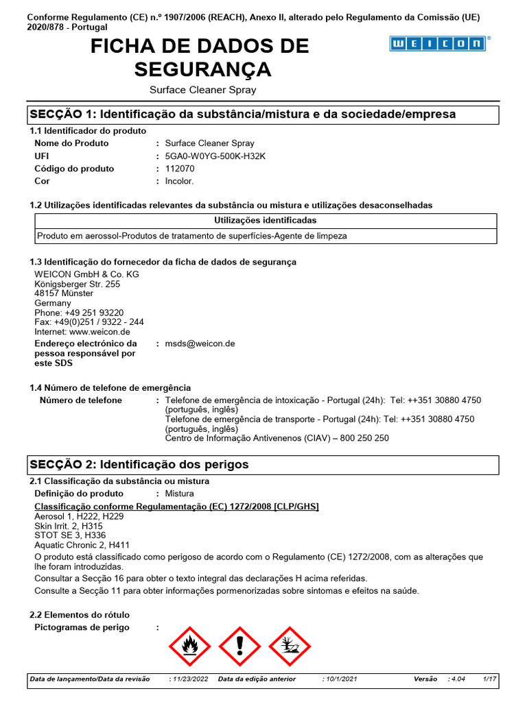 Ficha de Segurança do Surface Cleaner Spray | PDF