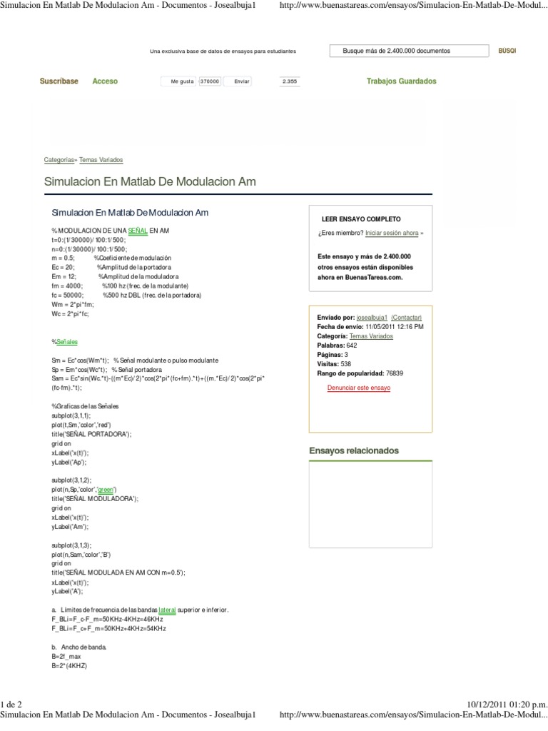 Simulacion en Matlab de Modulacion Am | PDF | Modulación | Modulación ...