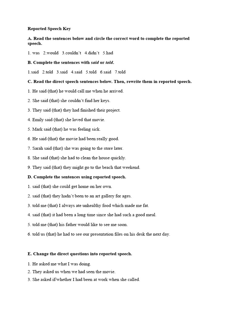 Reported Speech Exercises Guide | PDF