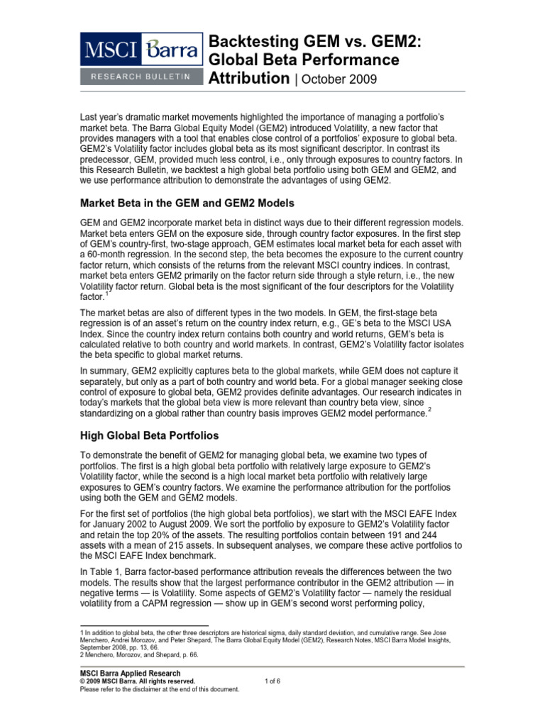 GEM vs. GEM2: Global Beta Analysis | PDF | Beta (Finance) | Msci