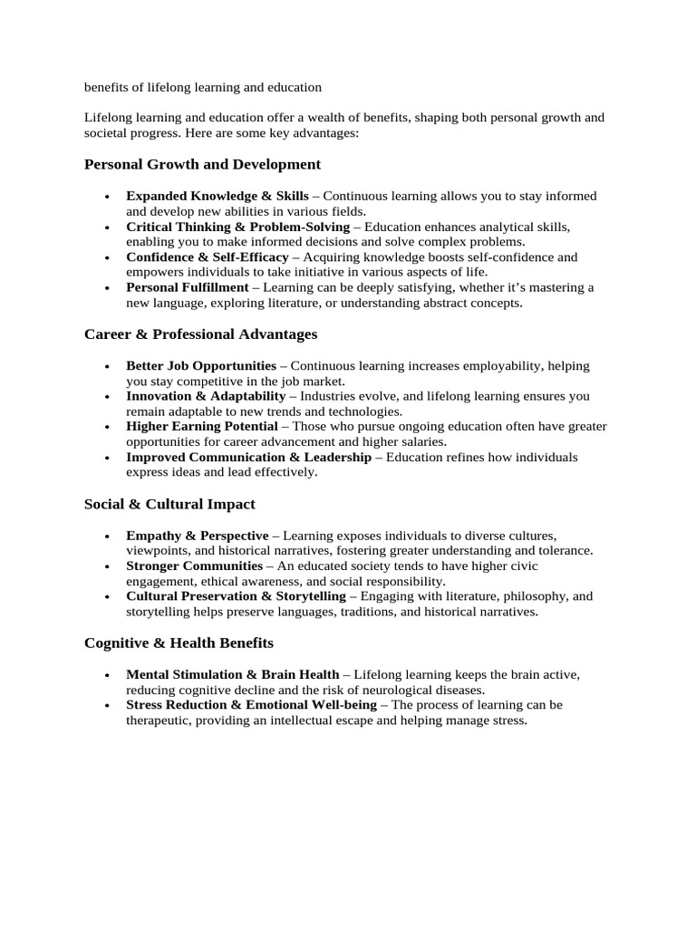 Benefits of Lifelong Learning and Education | PDF
