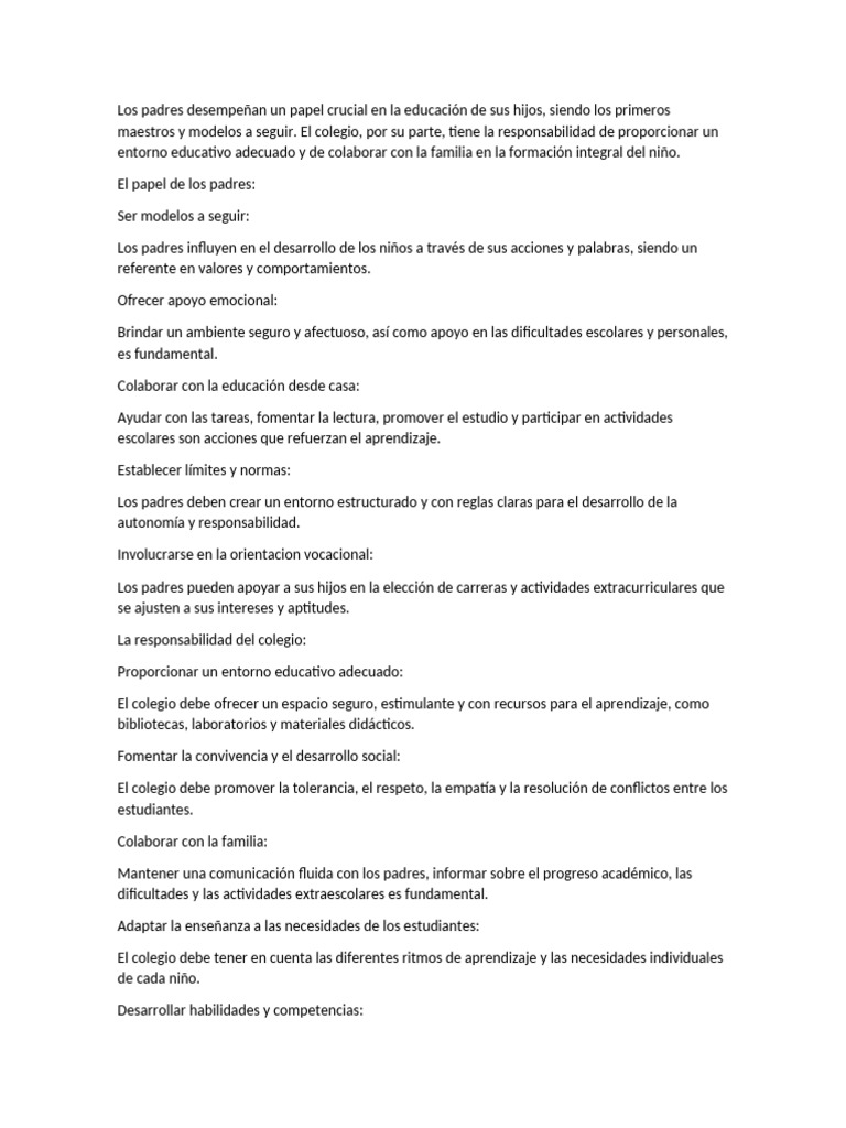 Rol de los Padres en la Educación Infantil | PDF | Aprendizaje | Las ...