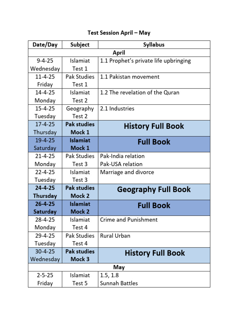 April-May Test Schedule 2025 | PDF