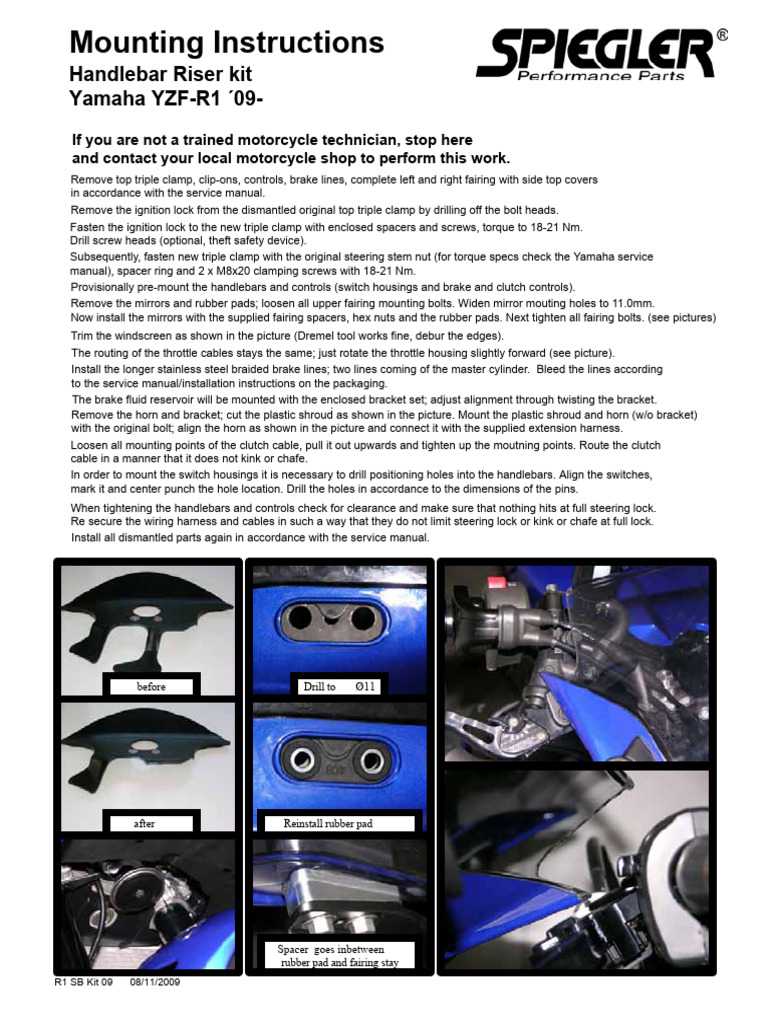 ABM Handlebar Riser Kit For YZF-R1 2009 and UP | PDF | Screw | Nut ...