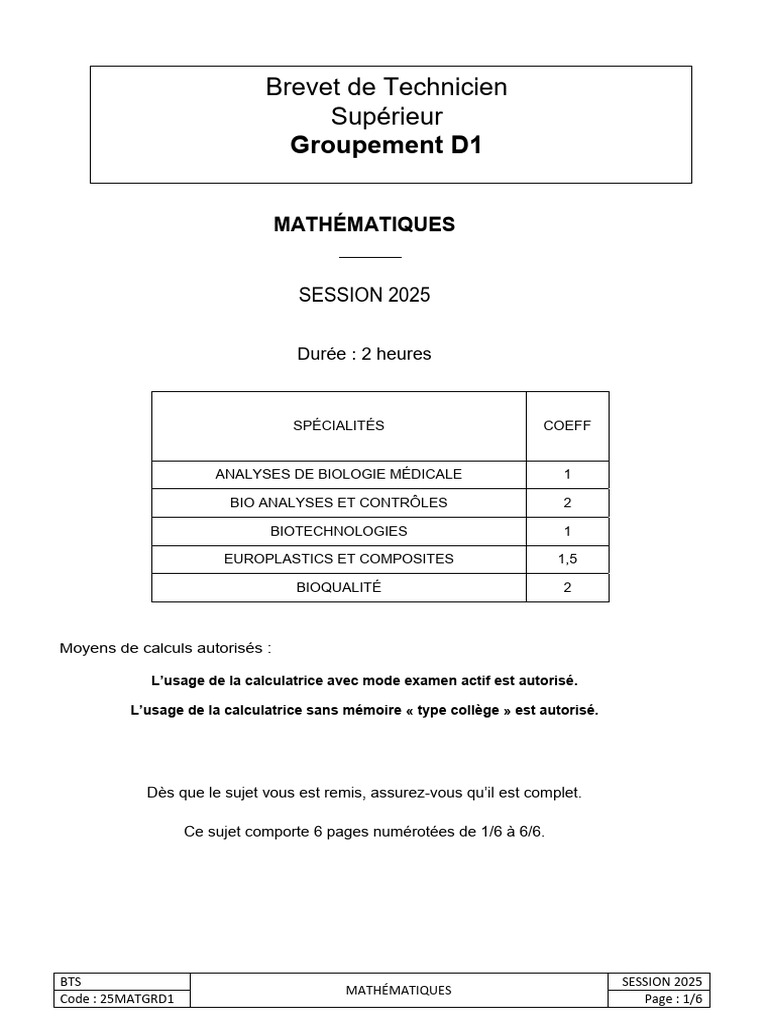 Maths BTS 2025 : Épreuve et Sujets | PDF | Hasard | Probabilité
