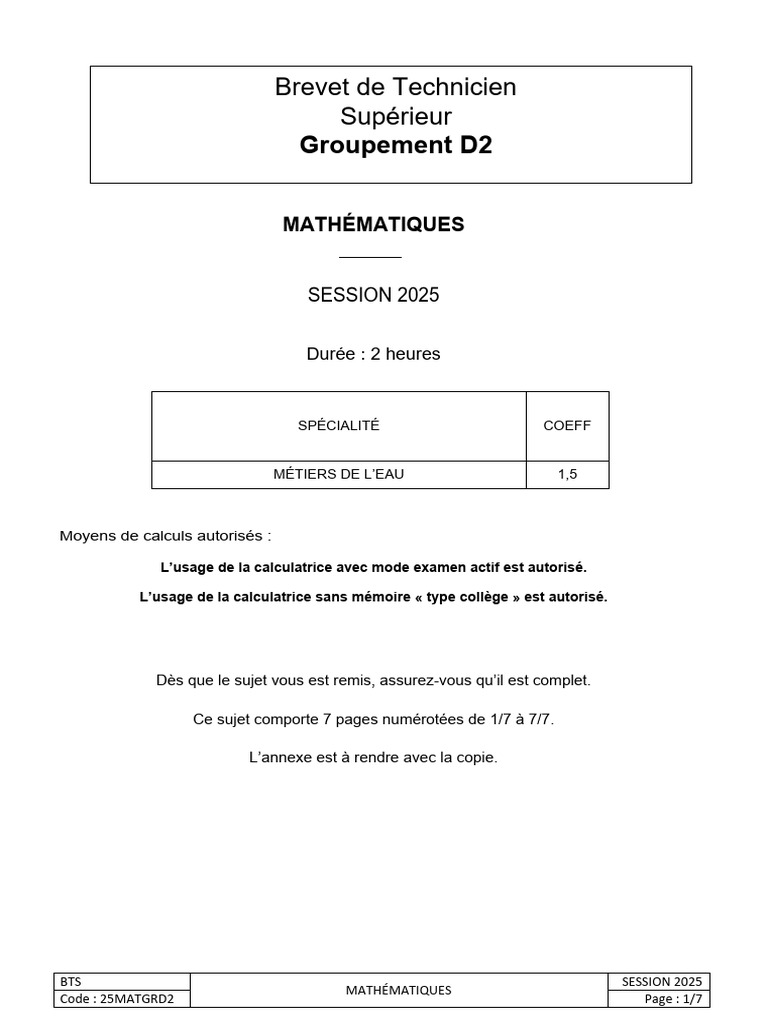Sujet BTS Maths 2025 - Épreuve D2 | PDF | Hasard | Probabilité
