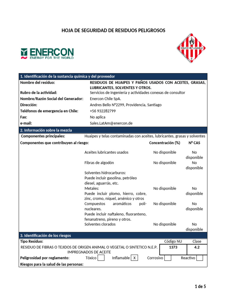 Hoja de Seguridad: Residuos Peligrosos | PDF | Agua | Toxicidad