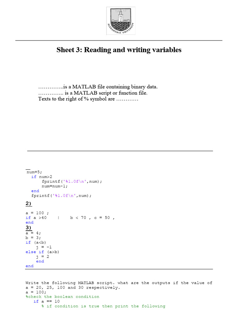 Sheet 3 Reading and Writing Variables | PDF | Matlab | Computer Programming