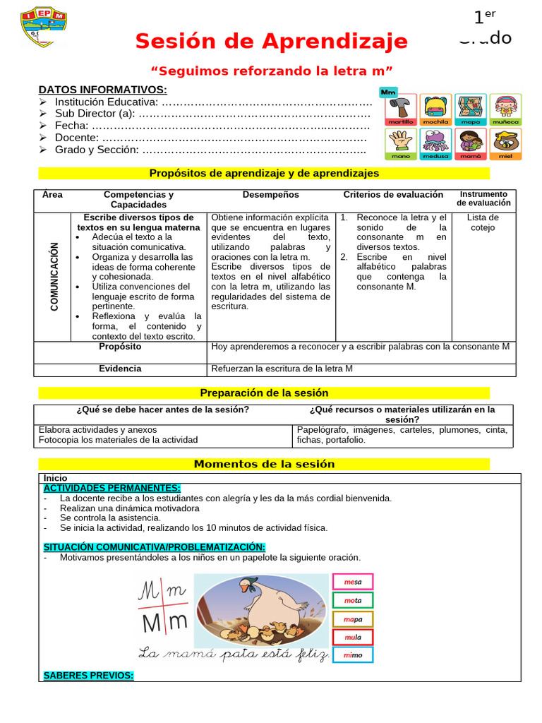 Aprendizaje de la letra M en 1er Grado | PDF | Maestros | Lingüística