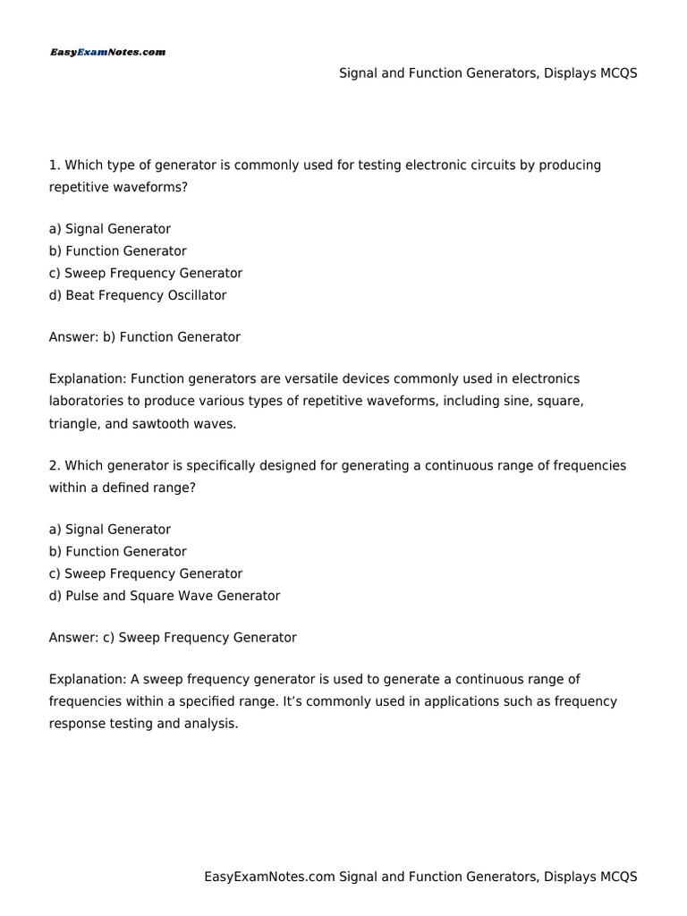 Signal and Function Generators MCQs | PDF | Electronic Oscillator ...