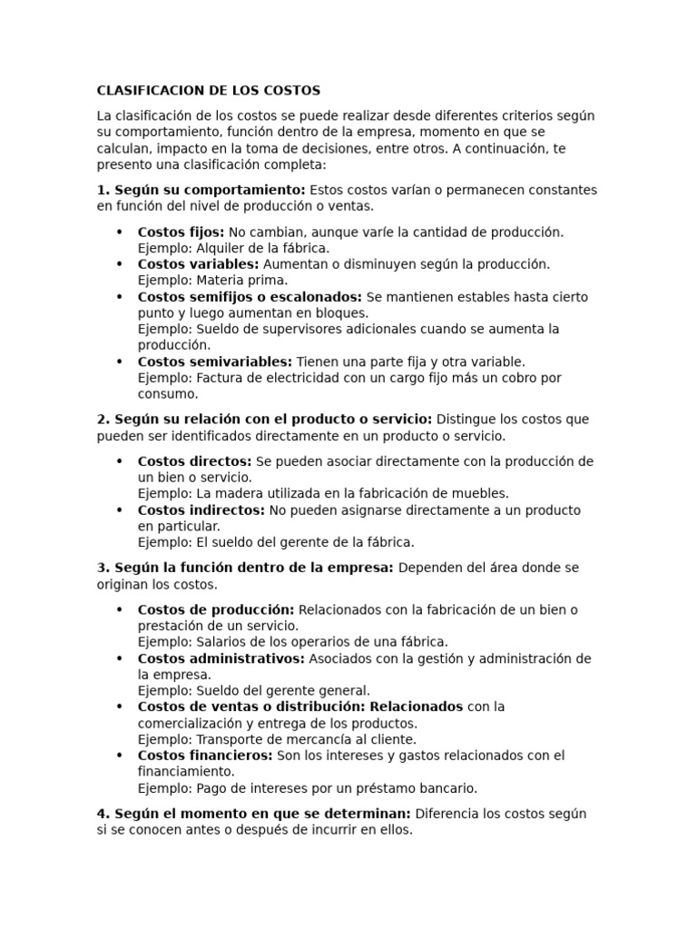 Clasificación de Costos Empresariales | PDF | Costo | Business