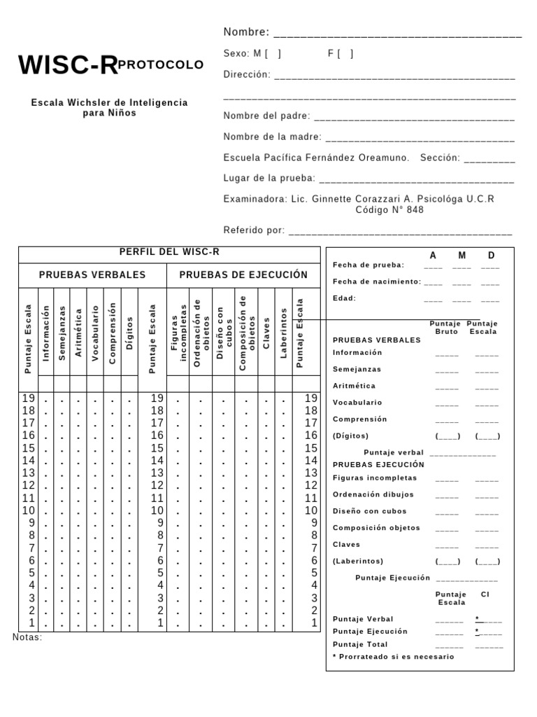 Protocolo de Evaluación WISC-R | PDF