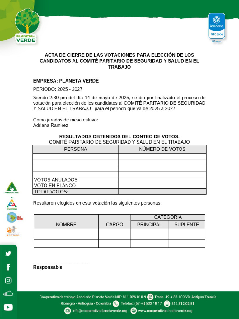 Acta de Cierre de Votaciones COPASST 2025-2027 | PDF