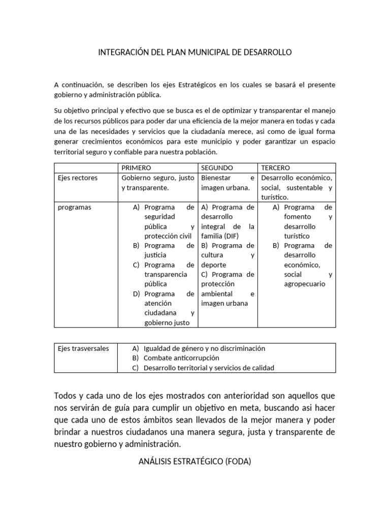 Integración Del Plan Municipal de Desarrollo | PDF | Análisis FODA ...