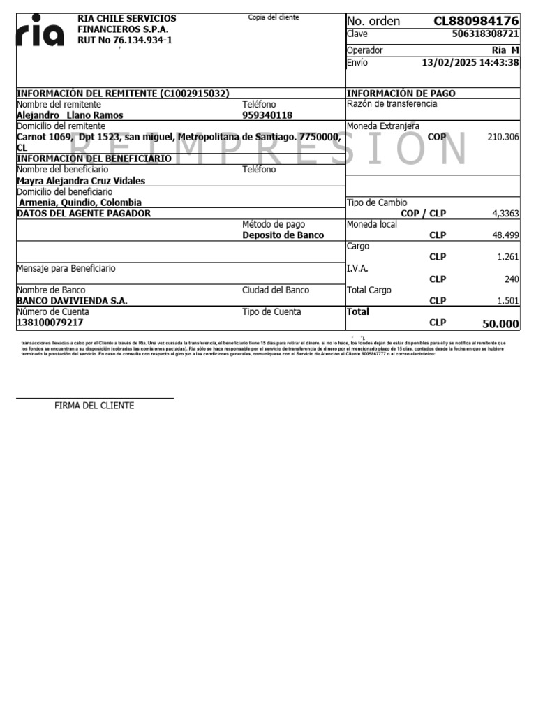 Ria Order Receipt CL880984176 | PDF | Transferencia bancaria | Bancos