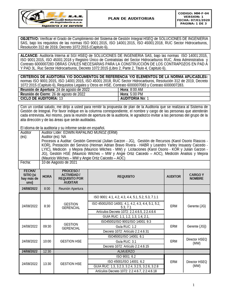 MM-F-04. Plan de Auditoria 2022 | PDF | Auditoría | Cibernética