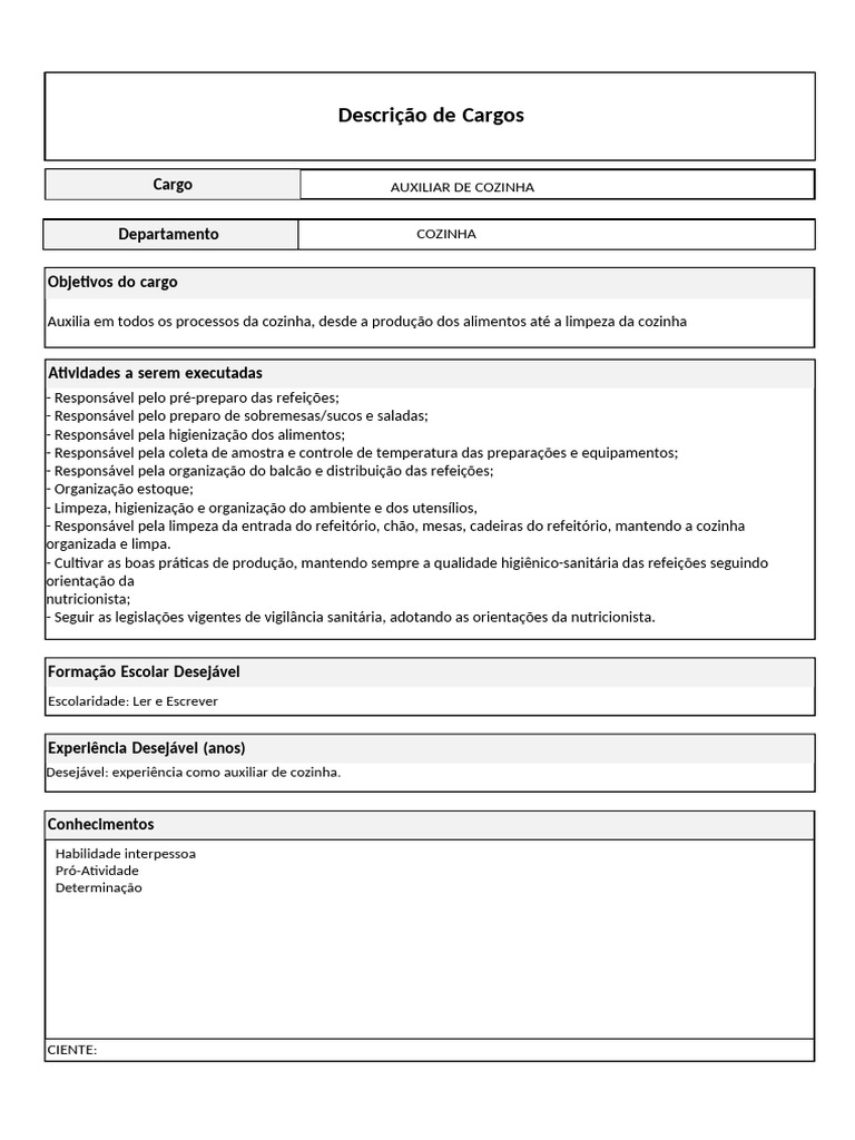 Descrição do Cargo: Auxiliar de Cozinha | PDF
