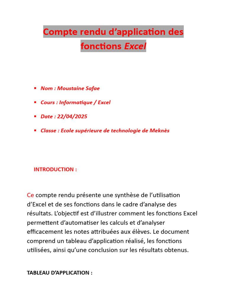 Compte Rendu de PRF | PDF | Microsoft Excel