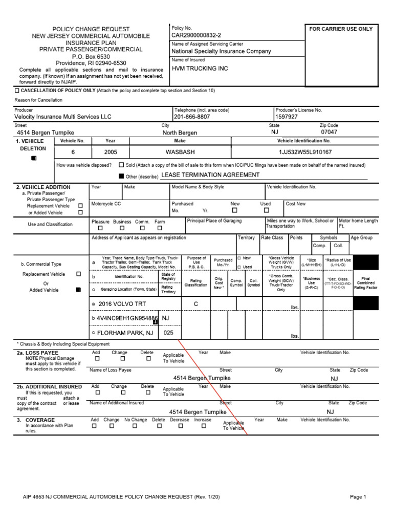 NJ Commercial Auto Policy Change Form | PDF | Insurance | Deductible