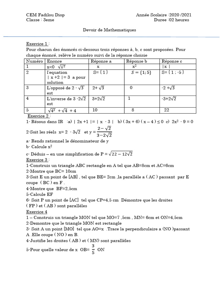 Devoir de Maths 3ème Exercice Complet PDF — free download