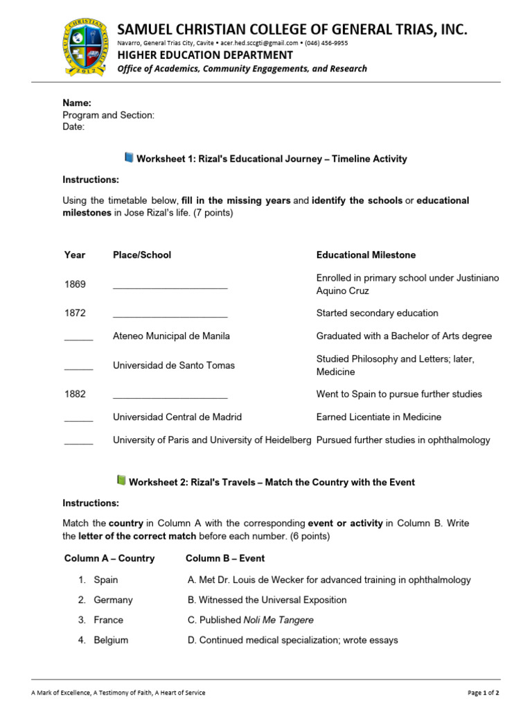 Rizal's Educational Journey Worksheets | PDF | Philippines