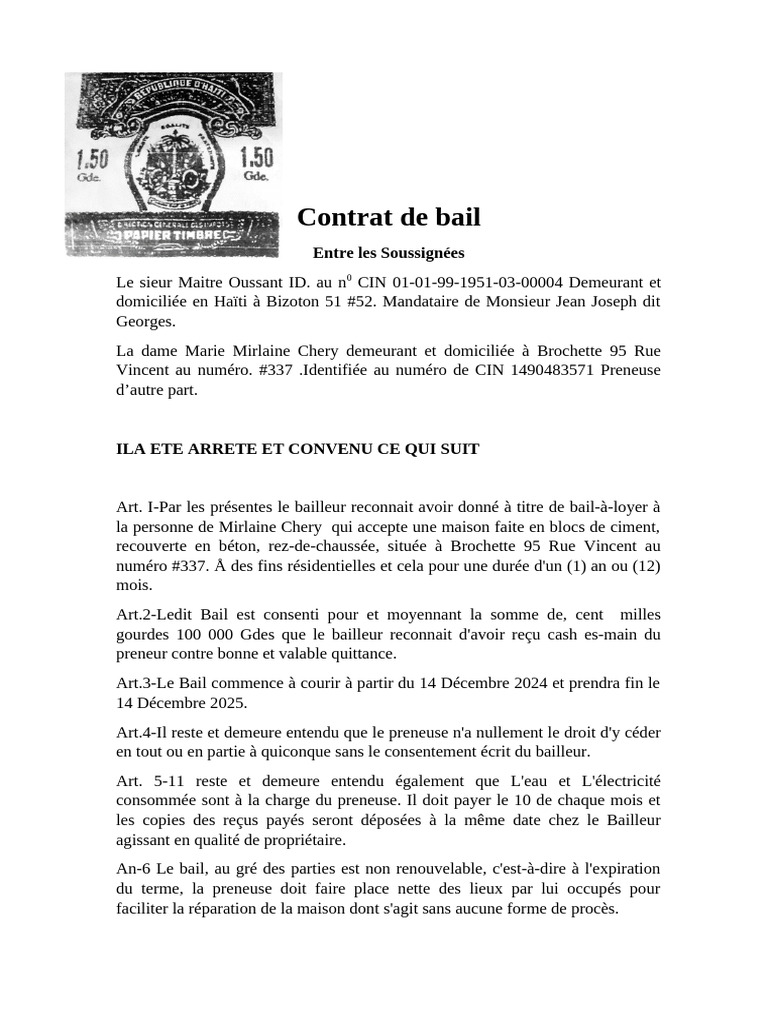 Modèle de contrat de bail en Haïti | PDF