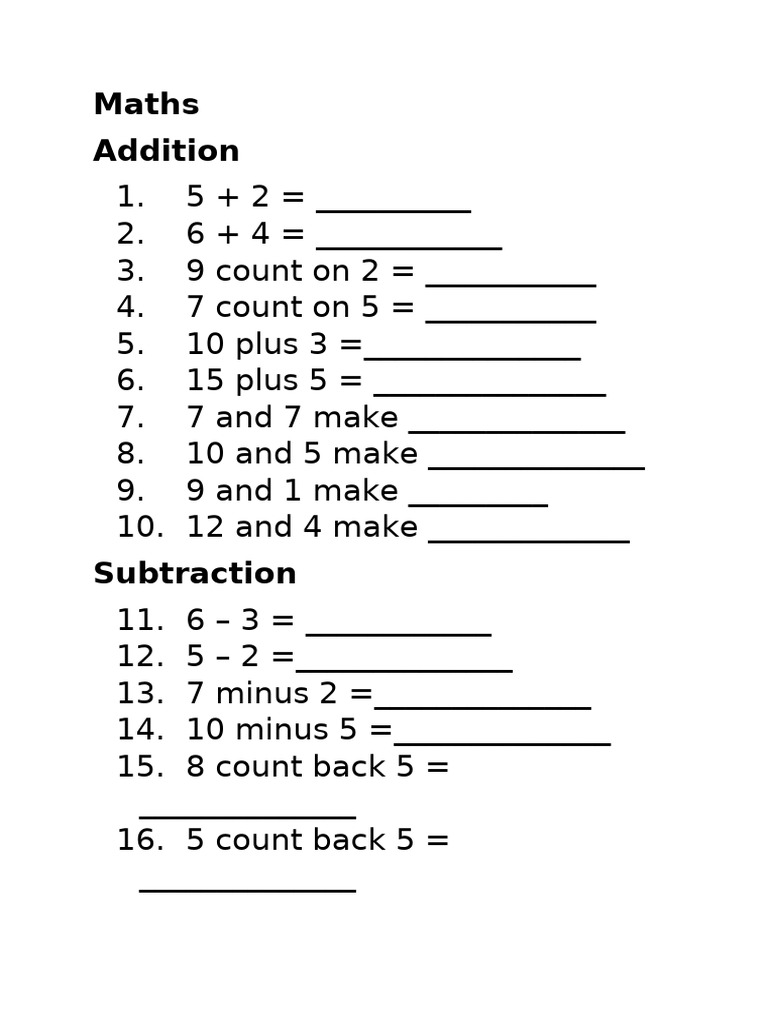 Basic Maths Addition and Subtraction Exercises | PDF