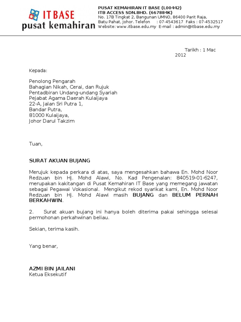 Contoh Surat Perakuan Bujang Dari Majikan