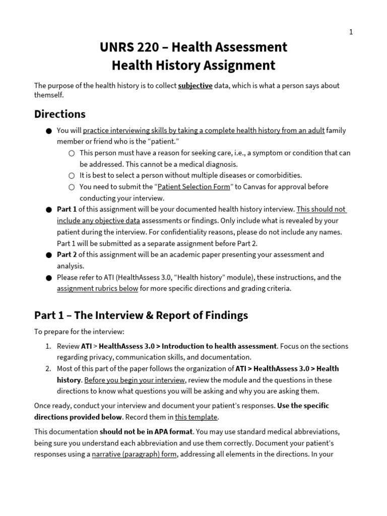 Health History Assignment Directions and Rubrics Spring 2024 | PDF ...