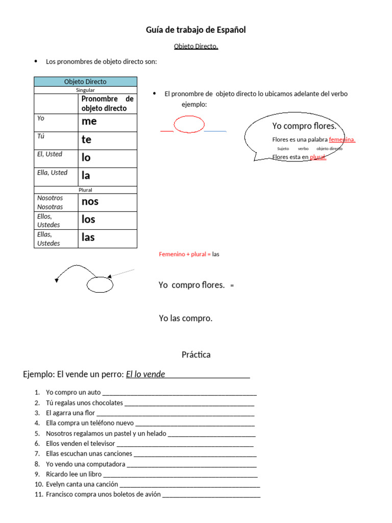 Ejercicios de Objeto Directo en Español | PDF | Plural | Mecánica del ...