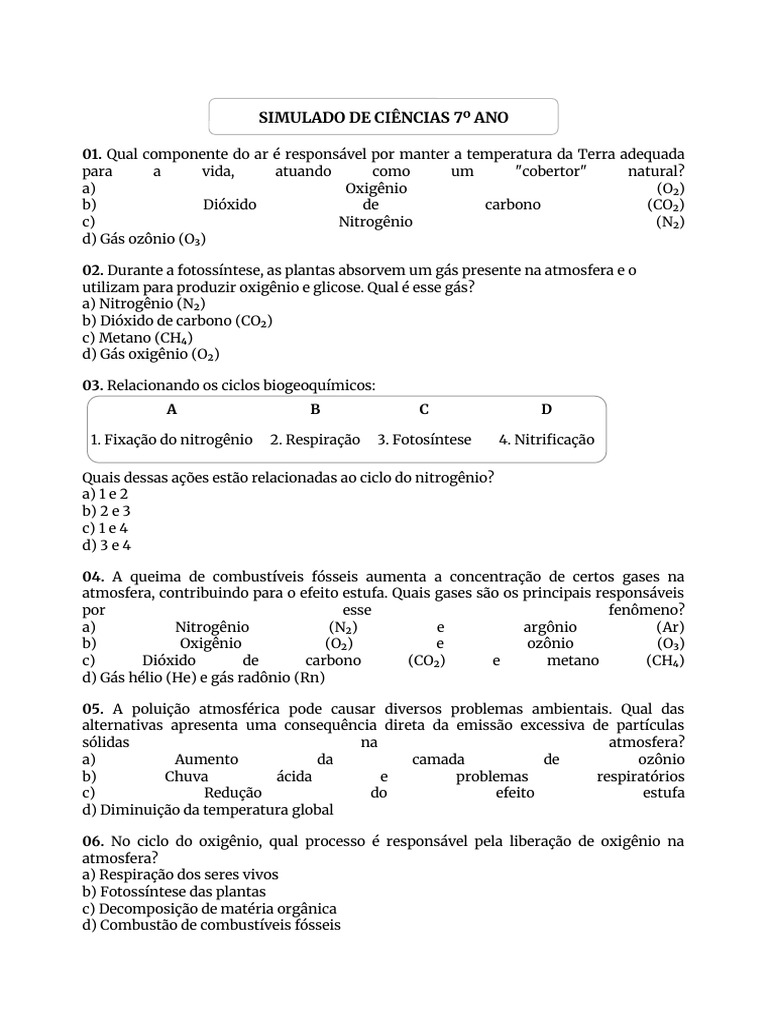 Simulado de Ciências 7º Ano: Questões e Respostas | PDF | Poluição do ...