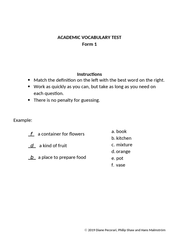 Academic Vocabulary Matching Test | PDF