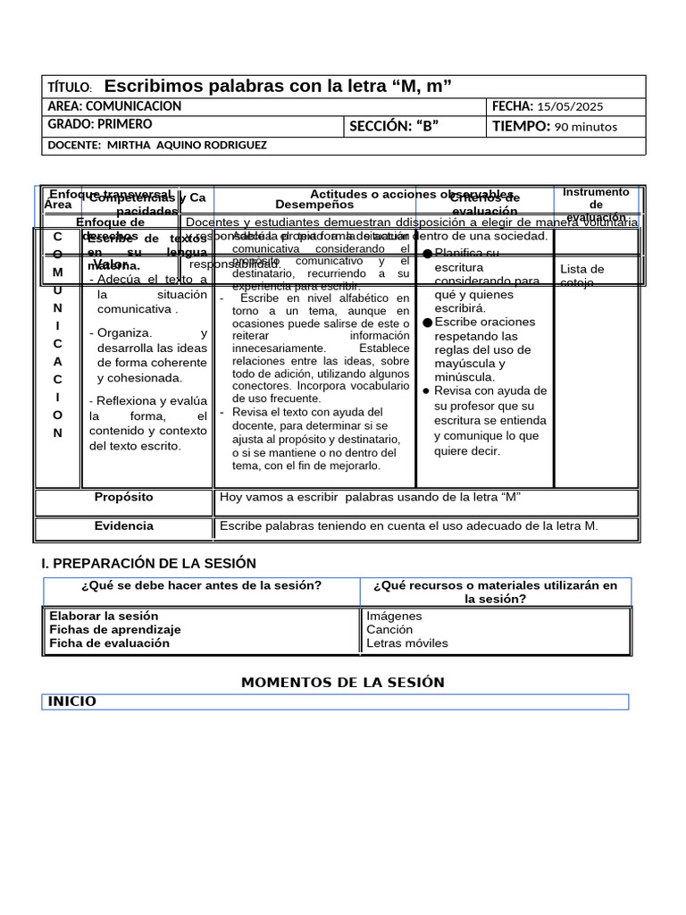 Jueves 15 Mayo Sesión Com Leemos y Escribimos Palabras Con La Letra M ...