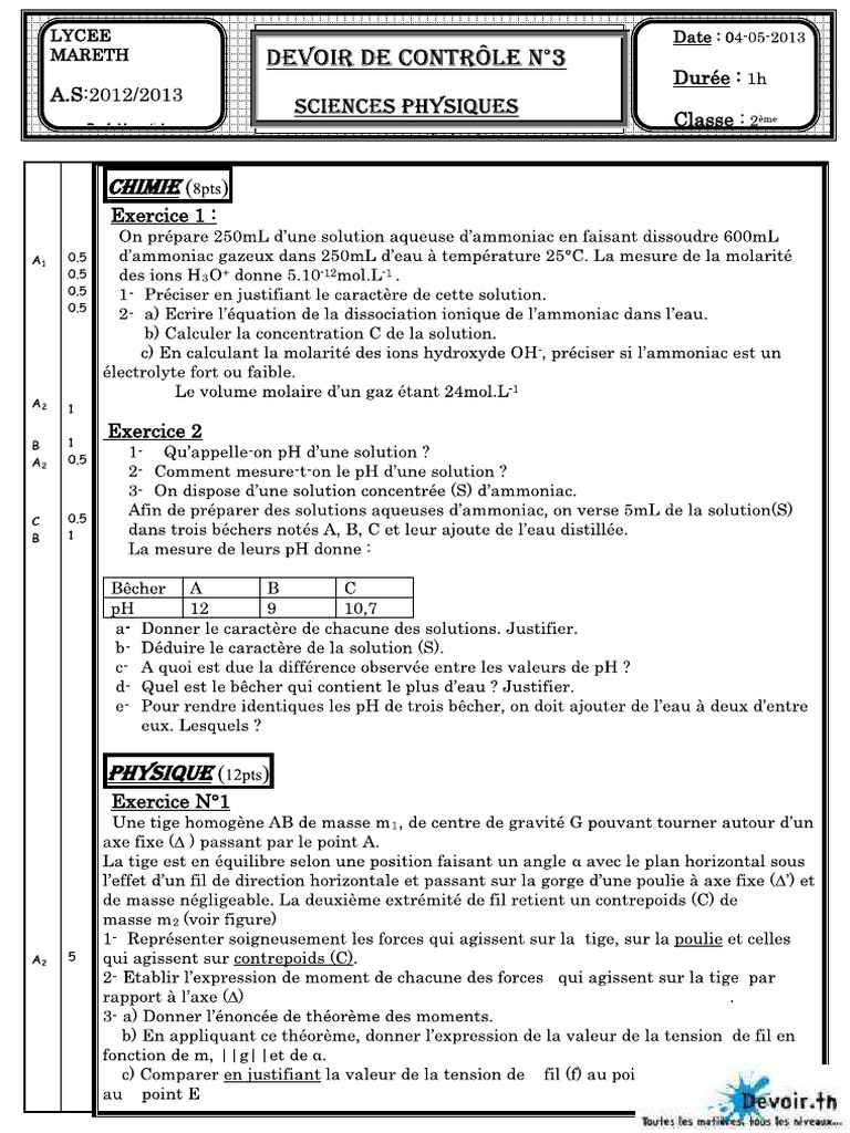 Devoir de contrôle en chimie et physique | PDF | Ph | Concentration molaire