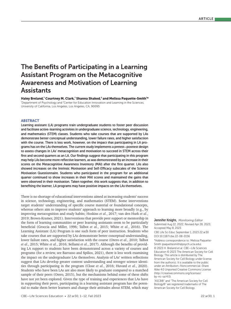 Breland - The Benefits of Participating in A Learning Assistant Program ...