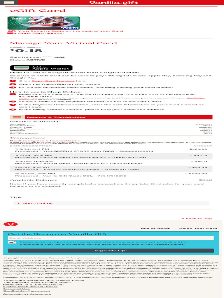 Manage Card Vanilla Gift | PDF | Credit Card | Visa Inc.