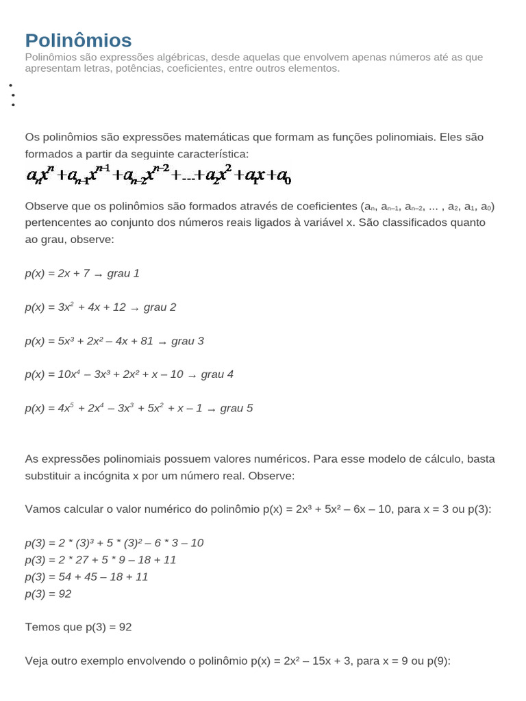 Atividades com Polinômios e Exercícios | PDF | Conceitos matemáticos ...