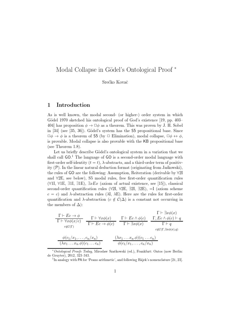 Modal Collapse in Godel S Ontological Proof | PDF | Theorem | Modal Logic