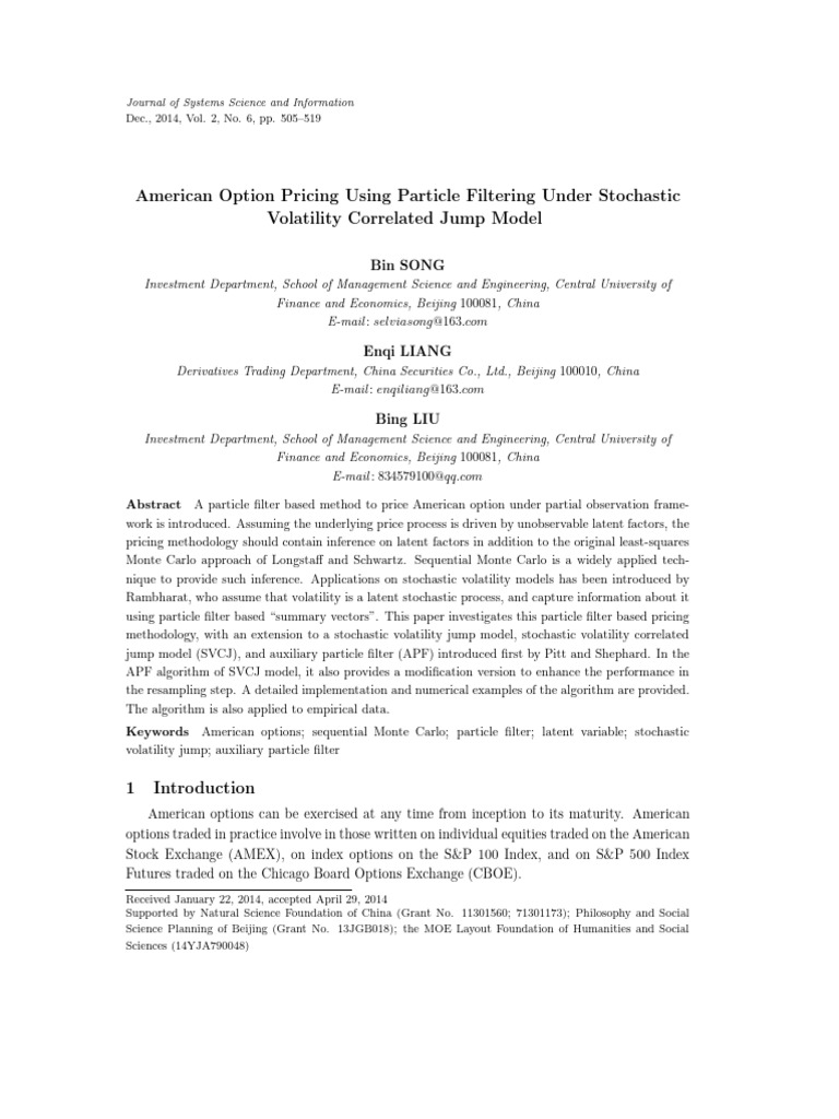 American Option Pricing Using Particle Filtering Under Stochastic ...