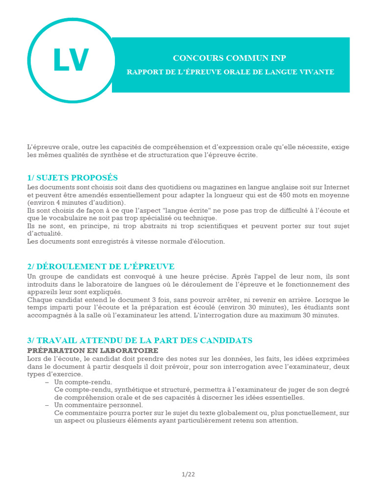 Rapport épreuve orale langue vivante INP | PDF | Accent tonique | Lexique