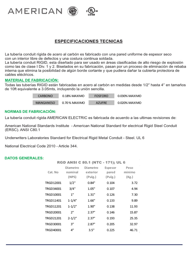 Tubería Conduit RGS: Especificaciones Técnicas | PDF | Materiales de ...