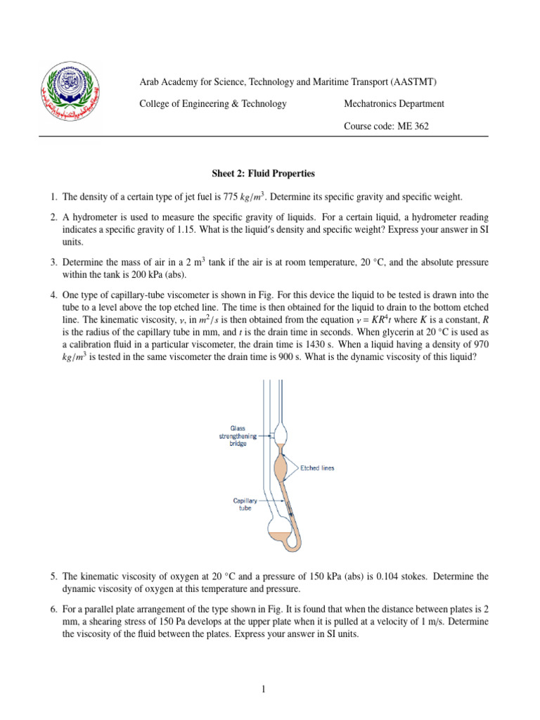 Fluid Mechanics 1 Sheet 2 FluidProperties Q | PDF | Viscosity | Liquids